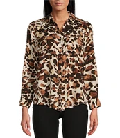 Westbound Petite Size Woven Leopard Print Long Roll-Tab Sleeve Point Collar Y-Neck Button Front Shirt