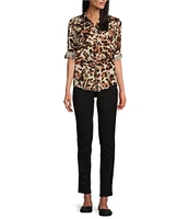 Westbound Petite Size Woven Leopard Print Long Roll-Tab Sleeve Point Collar Y-Neck Button Front Shirt