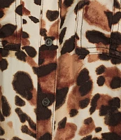 Westbound Petite Size Woven Leopard Print Long Roll-Tab Sleeve Point Collar Y-Neck Button Front Shirt