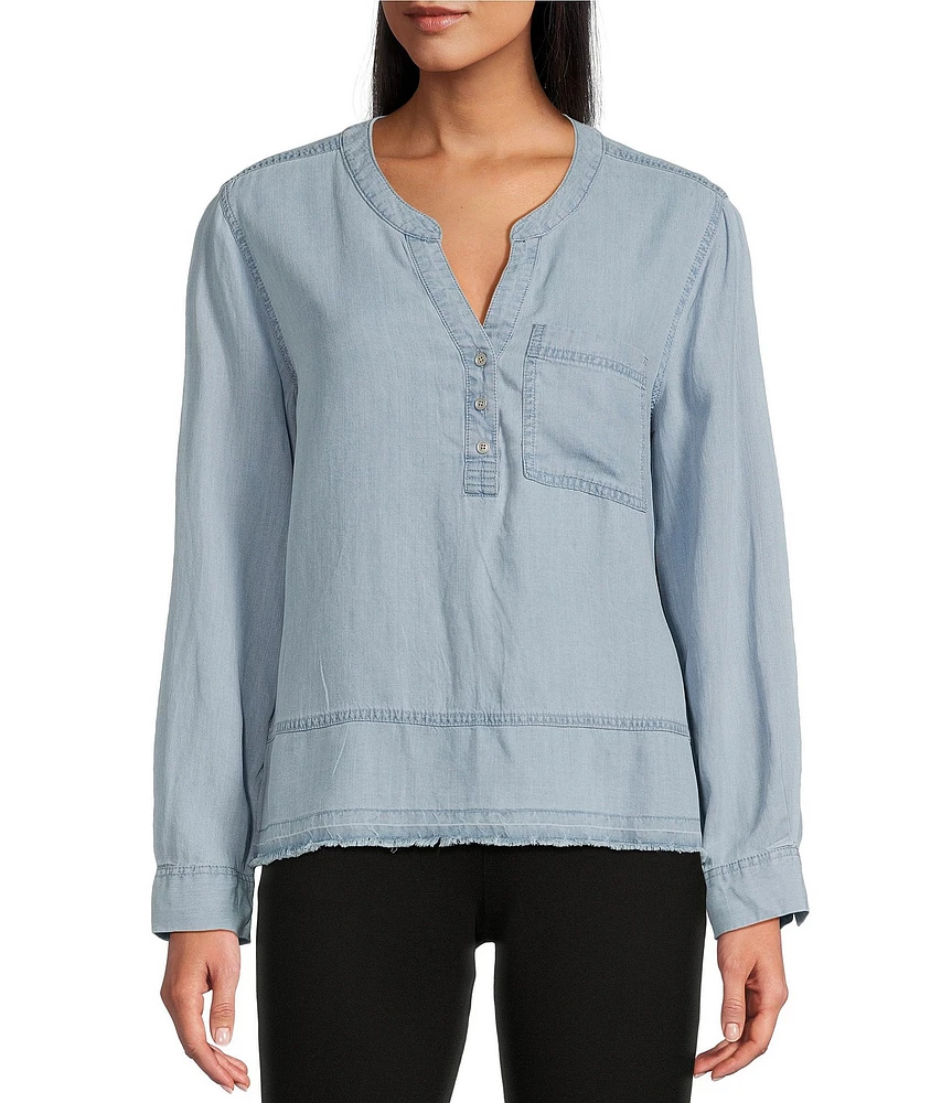 Westbound Petite Size Woven Long Roll-Tab Sleeve Henley Top