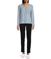 Westbound Petite Size Woven Long Roll-Tab Sleeve Henley Top