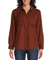 Westbound Petite Size Woven Long Roll-Tab Sleeve Point Collar Y-Neck Button Front Shirt