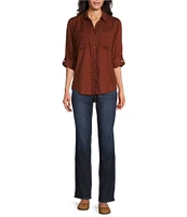 Westbound Petite Size Woven Long Roll-Tab Sleeve Point Collar Y-Neck Button Front Shirt