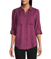 Westbound Petite Size Woven Long Roll-Tab Sleeve Point Collar Y-Neck Button Front Shirt