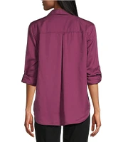 Westbound Petite Size Woven Long Roll-Tab Sleeve Point Collar Y-Neck Button Front Shirt