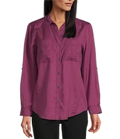 Westbound Petite Size Woven Long Roll-Tab Sleeve Point Collar Y-Neck Button Front Shirt