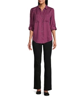 Westbound Petite Size Woven Long Roll-Tab Sleeve Point Collar Y-Neck Button Front Shirt