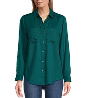 Westbound Petite Size Woven Long Roll-Tab Sleeve Point Collar Y-Neck Button Front Shirt