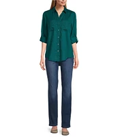 Westbound Petite Size Woven Long Roll-Tab Sleeve Point Collar Y-Neck Button Front Shirt