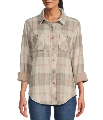 Westbound Plaid Long Sleeve Collared Button Front Top