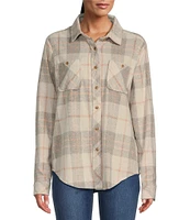 Westbound Plaid Long Sleeve Collared Button Front Top