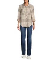 Westbound Plaid Long Sleeve Collared Button Front Top