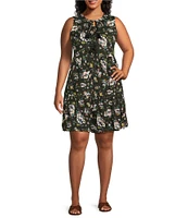 Westbound Plus Size Olive Floral Double Tassel Tie Front A-Line Tiered Sleeveless Dress