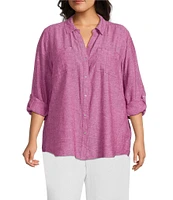 Westbound Plus Size 3/4 Roll-Tab Sleeve Point Collar Y-Neck Button Front Shirt