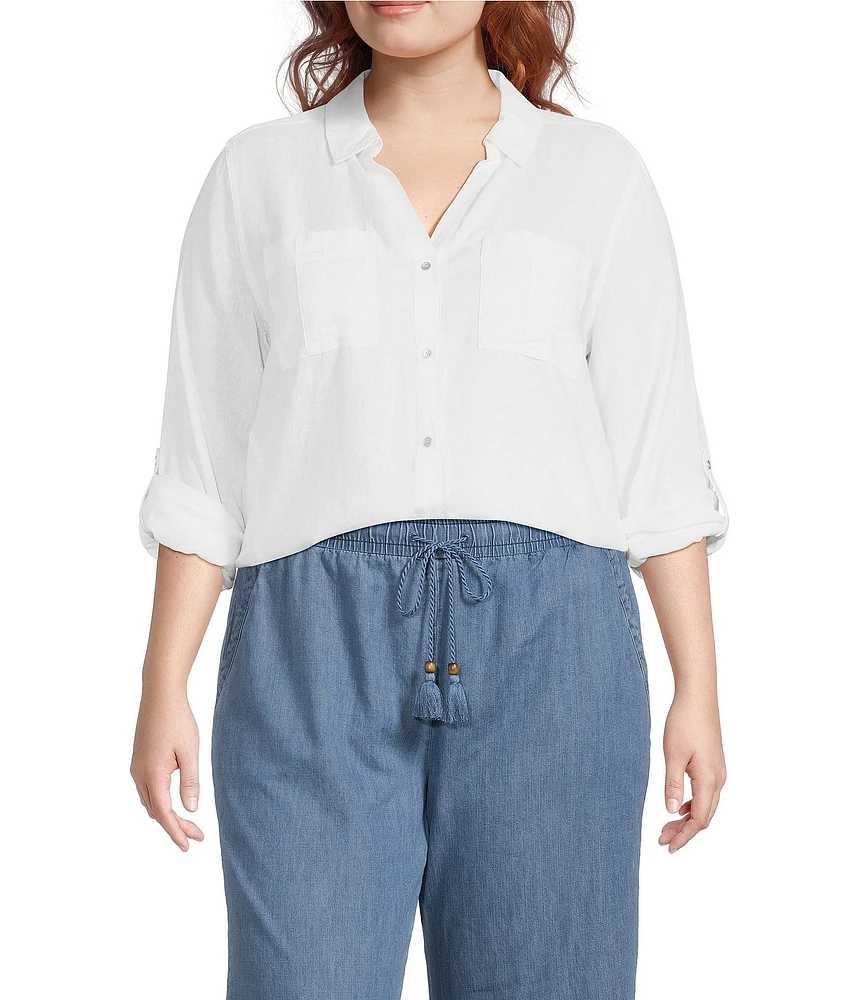 Westbound Plus Size 3/4 Roll-Tab Sleeve Point Collar Y-Neck Button Front Shirt
