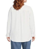 Westbound Plus Size 3/4 Roll-Tab Sleeve Point Collar Y-Neck Button Front Shirt