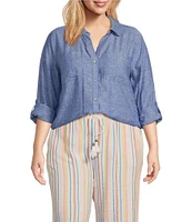 Westbound Plus Size 3/4 Roll-Tab Sleeve Point Collar Y-Neck Button Front Shirt