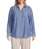 Westbound Plus Size 3/4 Roll-Tab Sleeve Point Collar Y-Neck Button Front Shirt