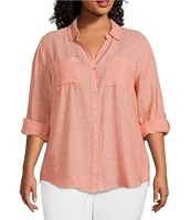 Westbound Plus Size 3/4 Roll-Tab Sleeve Point Collar Y-Neck Button Front Shirt