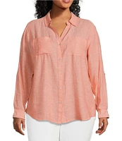 Westbound Plus Size 3/4 Roll-Tab Sleeve Point Collar Y-Neck Button Front Shirt