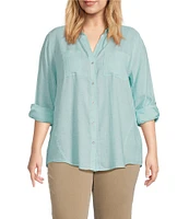 Westbound Plus Size 3/4 Roll-Tab Sleeve Point Collar Y-Neck Button Front Shirt