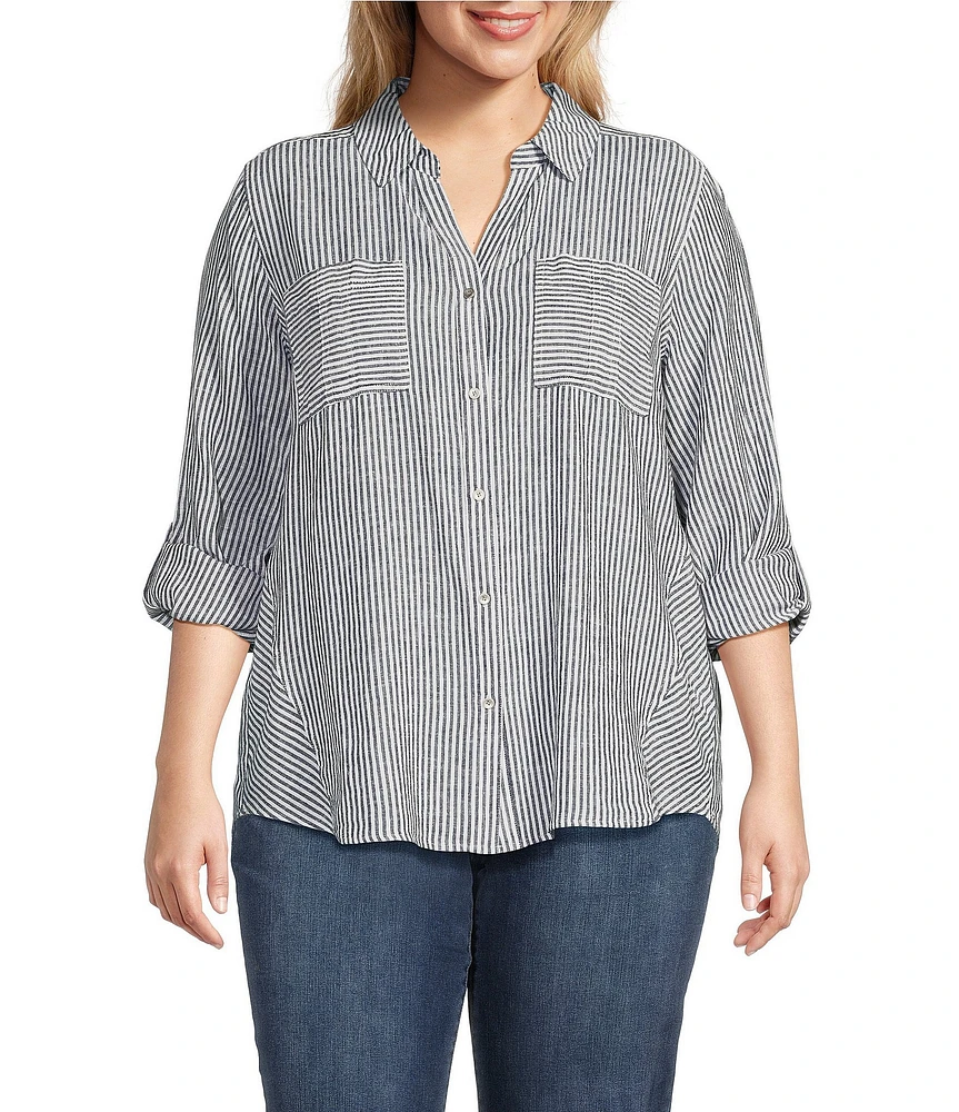 Westbound Plus Size 3/4 Roll-Tab Sleeve Point Collar Y-Neck Button Front Top
