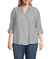 Westbound Plus Size 3/4 Roll-Tab Sleeve Point Collar Y-Neck Button Front Top