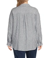 Westbound Plus Size 3/4 Roll-Tab Sleeve Point Collar Y-Neck Button Front Top