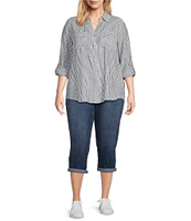 Westbound Plus Size 3/4 Roll-Tab Sleeve Point Collar Y-Neck Button Front Top