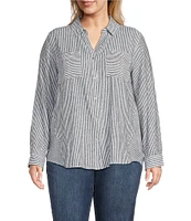 Westbound Plus Size 3/4 Roll-Tab Sleeve Point Collar Y-Neck Button Front Top