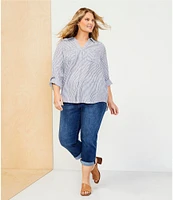 Westbound Plus Size 3/4 Roll-Tab Sleeve Point Collar Y-Neck Button Front Top