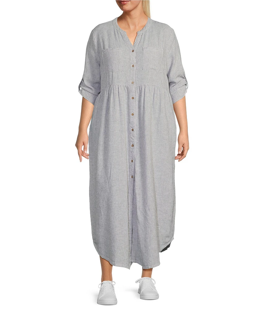 Westbound Plus Size Linen Blend Stripe 3/4 Rolled Sleeve Y-Neck Button Front Maxi Shirt Dress