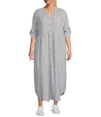 Westbound Plus Size Linen Blend Stripe 3/4 Rolled Sleeve Y-Neck Button Front Maxi Shirt Dress