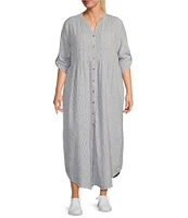 Westbound Plus Size Linen Blend Stripe 3/4 Rolled Sleeve Y-Neck Button Front Maxi Shirt Dress
