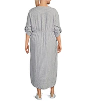 Westbound Plus Size Linen Blend Stripe 3/4 Rolled Sleeve Y-Neck Button Front Maxi Shirt Dress