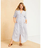 Westbound Plus Size Linen Blend Stripe 3/4 Rolled Sleeve Y-Neck Button Front Maxi Shirt Dress