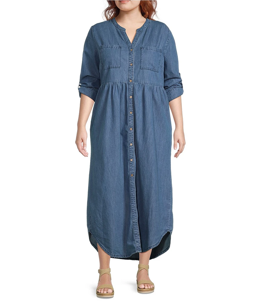 Westbound Plus Size 3/4 Rolled Sleeve Y-Neck Button-Front Maxi Shirt Dress