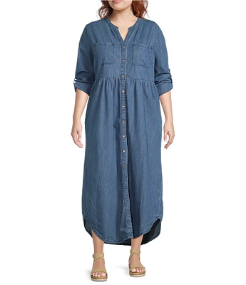 Westbound Plus Size 3/4 Rolled Sleeve Y-Neck Button-Front Maxi Shirt Dress