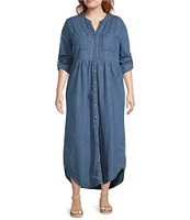 Westbound Plus Size 3/4 Rolled Sleeve Y-Neck Button-Front Maxi Shirt Dress