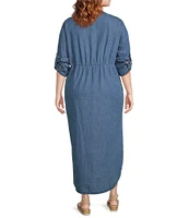 Westbound Plus Size 3/4 Rolled Sleeve Y-Neck Button-Front Maxi Shirt Dress