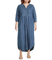 Westbound Plus Size 3/4 Rolled Sleeve Y-Neck Button-Front Maxi Shirt Dress