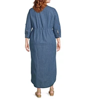 Westbound Plus Size 3/4 Rolled Sleeve Y-Neck Button-Front Maxi Shirt Dress