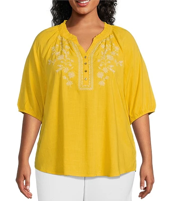 Westbound Plus Size 3/4 Sleeve Ruffle V-Neck Embroidered Yoke Partial Button Front Top