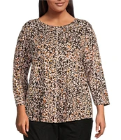 Westbound Plus Size Autumn Leaves Print 3/4 Sleeve Knit Crew Neck Top