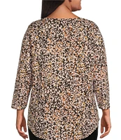 Westbound Plus Size Autumn Leaves Print 3/4 Sleeve Knit Crew Neck Top