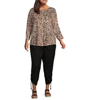 Westbound Plus Size Autumn Leaves Print 3/4 Sleeve Knit Crew Neck Top