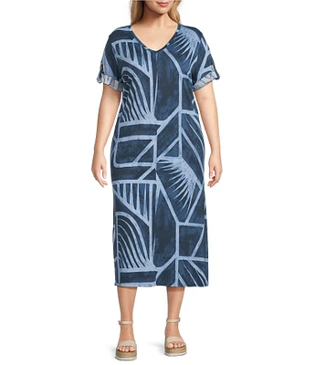 Westbound Plus Size Blue Geo Tex Short Sleeve V-Neck Dress