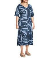 Westbound Plus Size Blue Geo Tex Short Sleeve V-Neck Dress