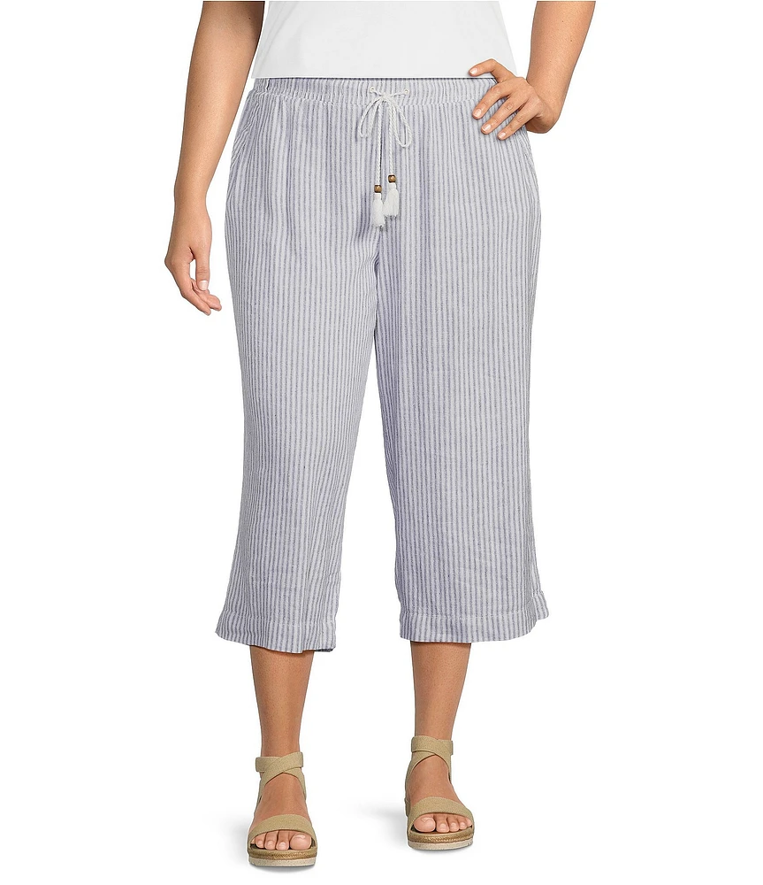 Westbound Plus Size Blue White Stripe Crop Linen Blend Pants
