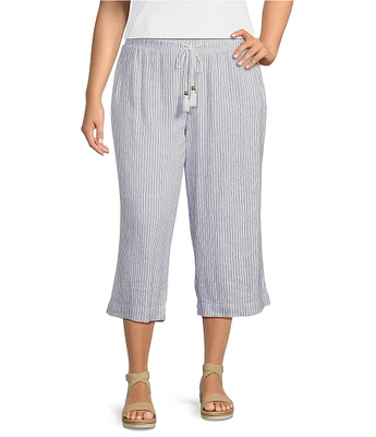 Westbound Plus Size Blue White Stripe Crop Linen Blend Pants